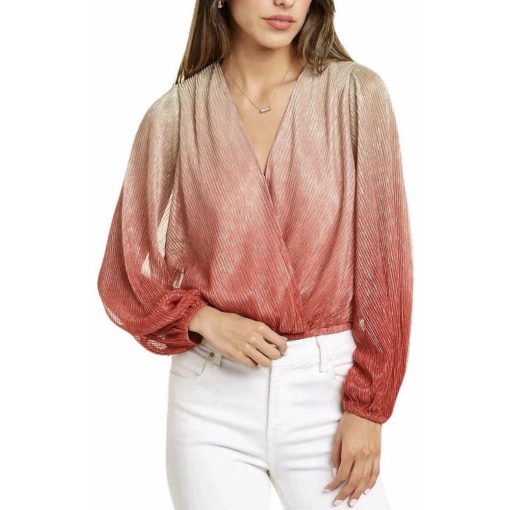 Revolve Astr the Label Size-1X Pleated Shimmer Surplice Top Raspberry Ombré